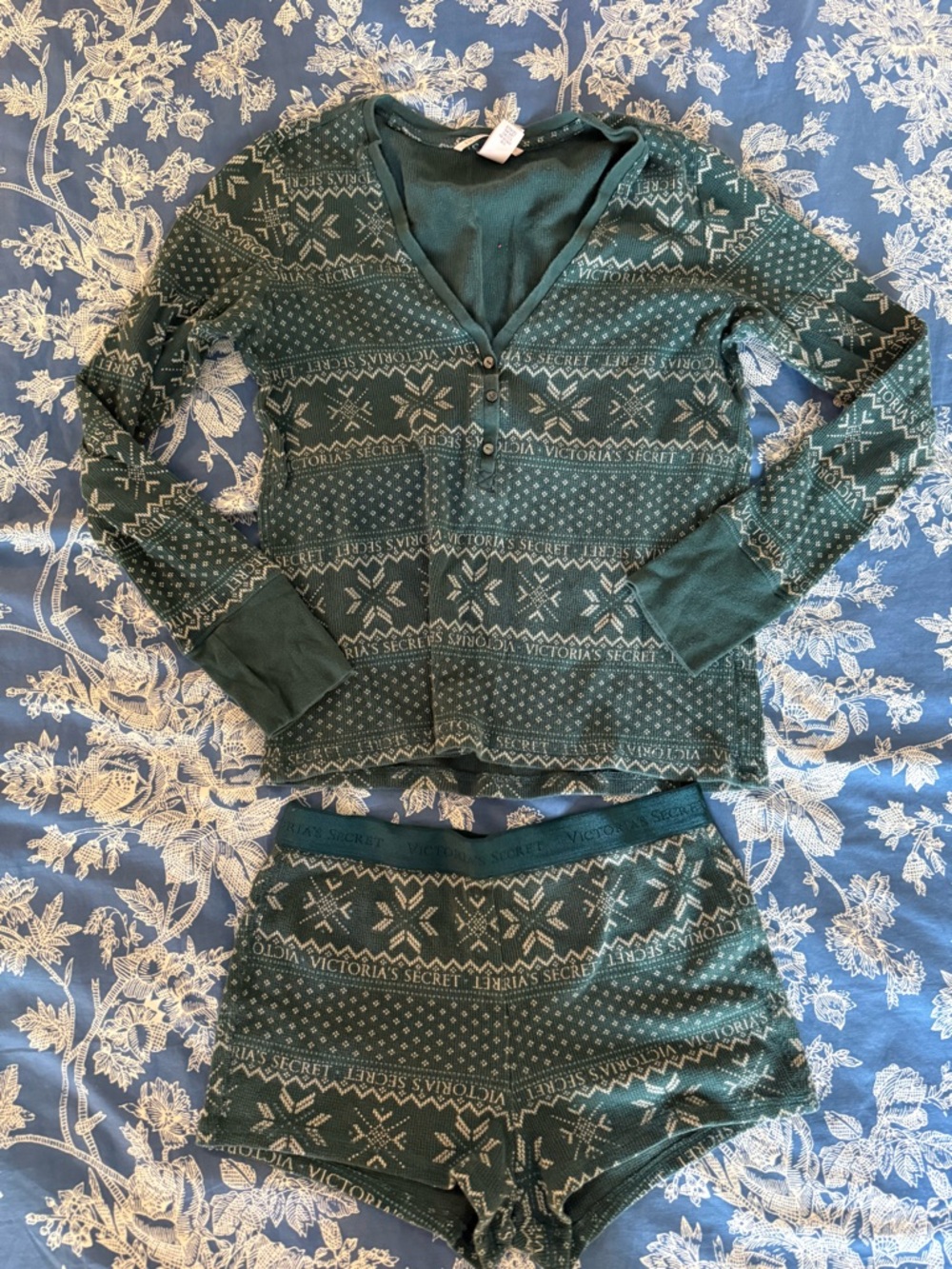 Victoria's Secret Teal Fair Isle Knit Henley Top & Shorts Set